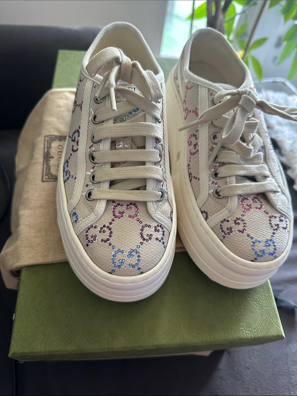 Gucci Ivory Canvas Sneakers with Multicolor Crystal GG Motif